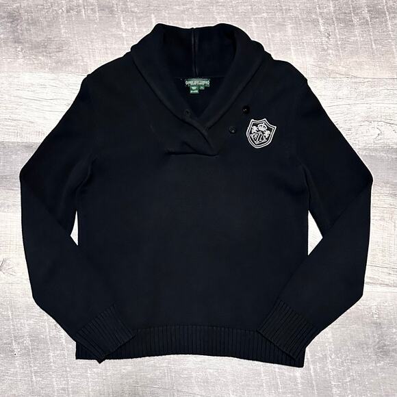 Lauren Jeans Co Knit Sweater Womens L Black Cotton Embroidered Crest Academia - Picture 1 of 7
